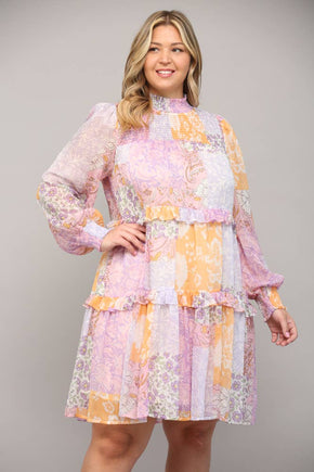 Plus Patchwork Chiffon Mock Neck Dress