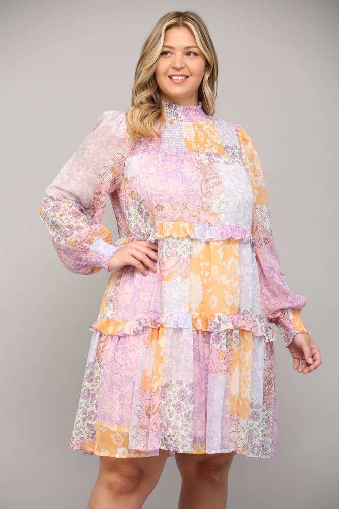 Plus Patchwork Chiffon Mock Neck Dress