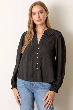 Black Long Sleeve Button Up With Round Collar