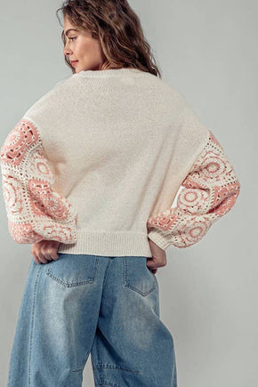 Ivory Quilt Blocked Sleeve Crewneck Sweater