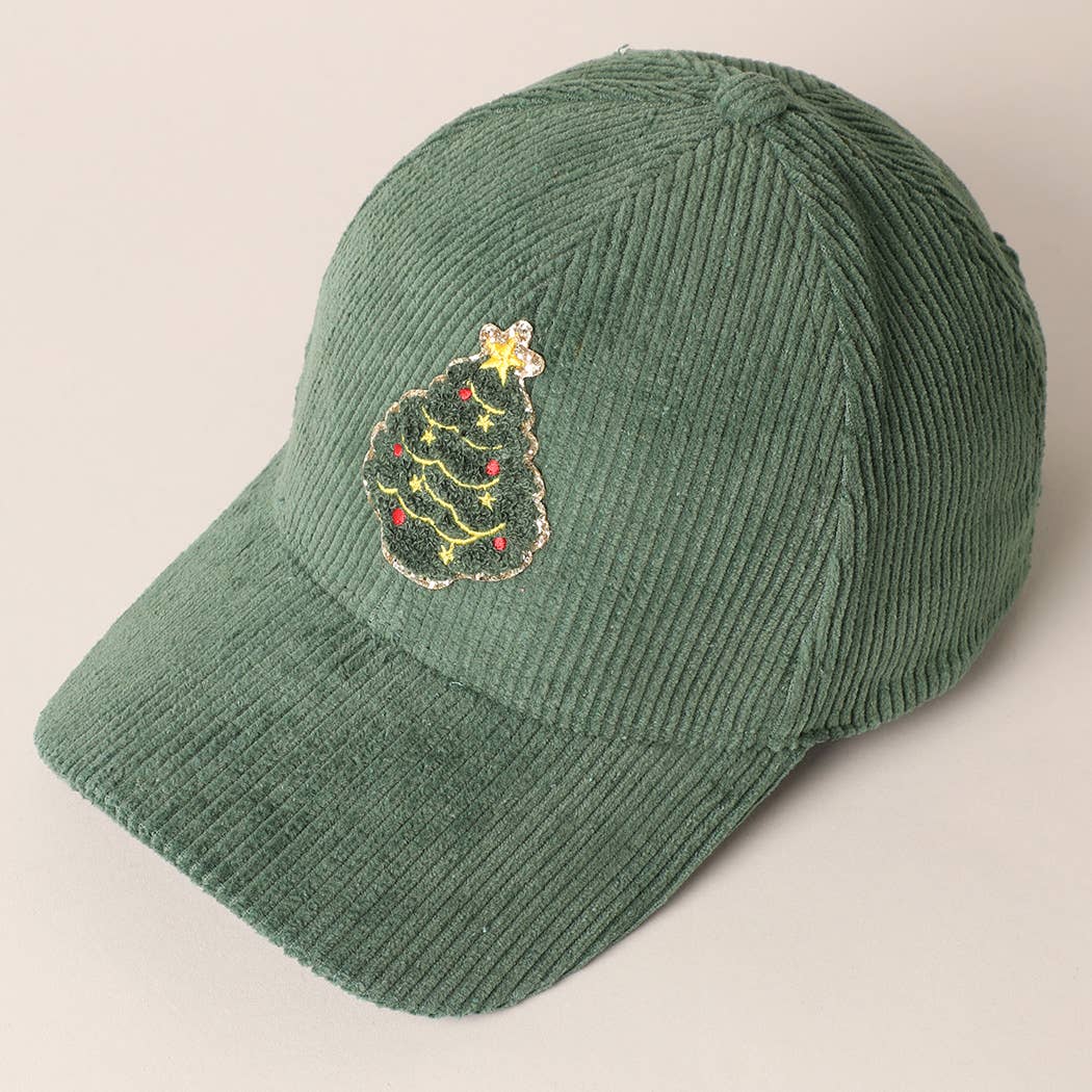 Christmas Tree Patch Corduroy Baseball Cap In Sage