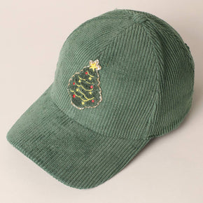 Christmas Tree Patch Corduroy Baseball Cap In Sage
