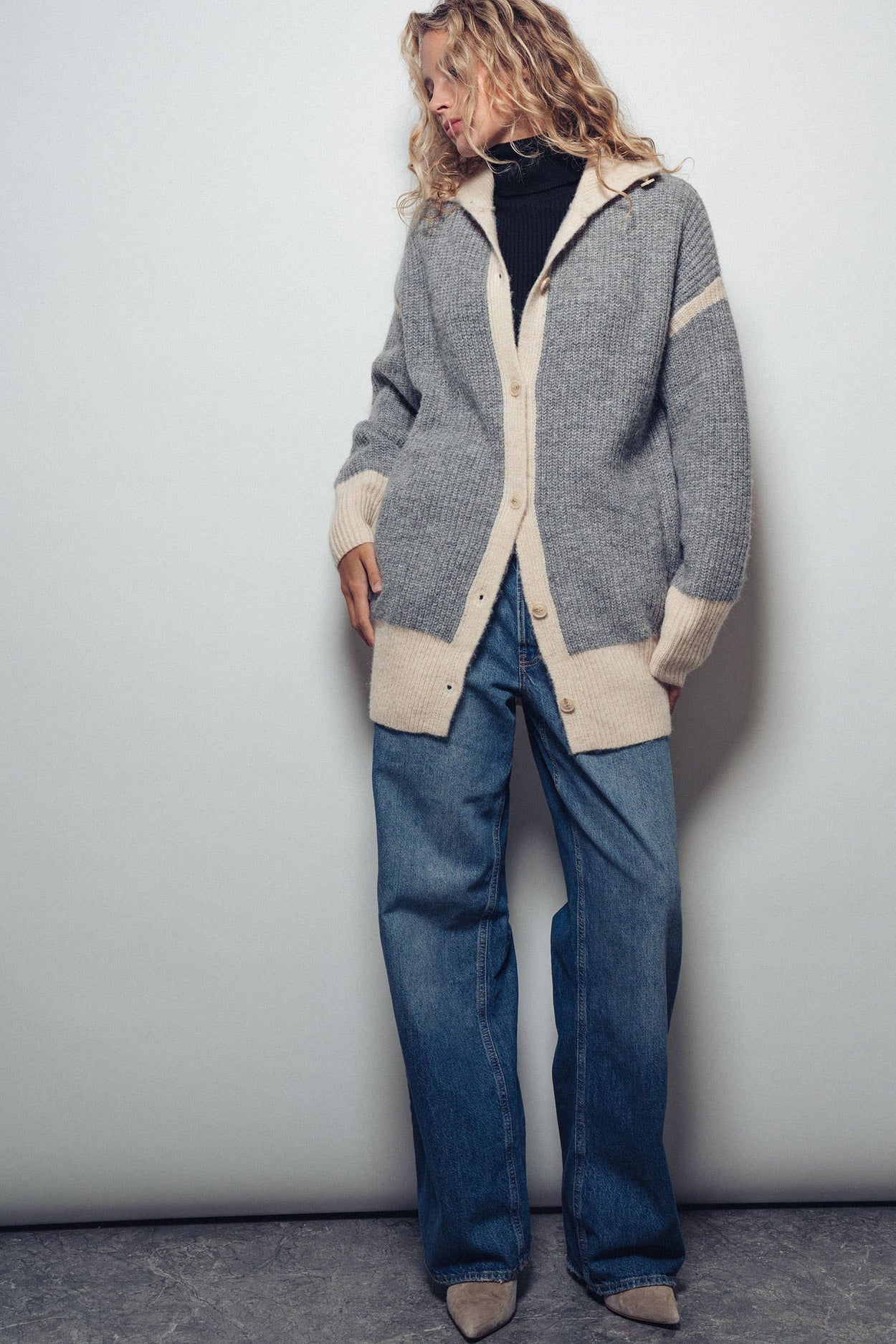 Grey Contrast Trim Collared Sweater Cardigan