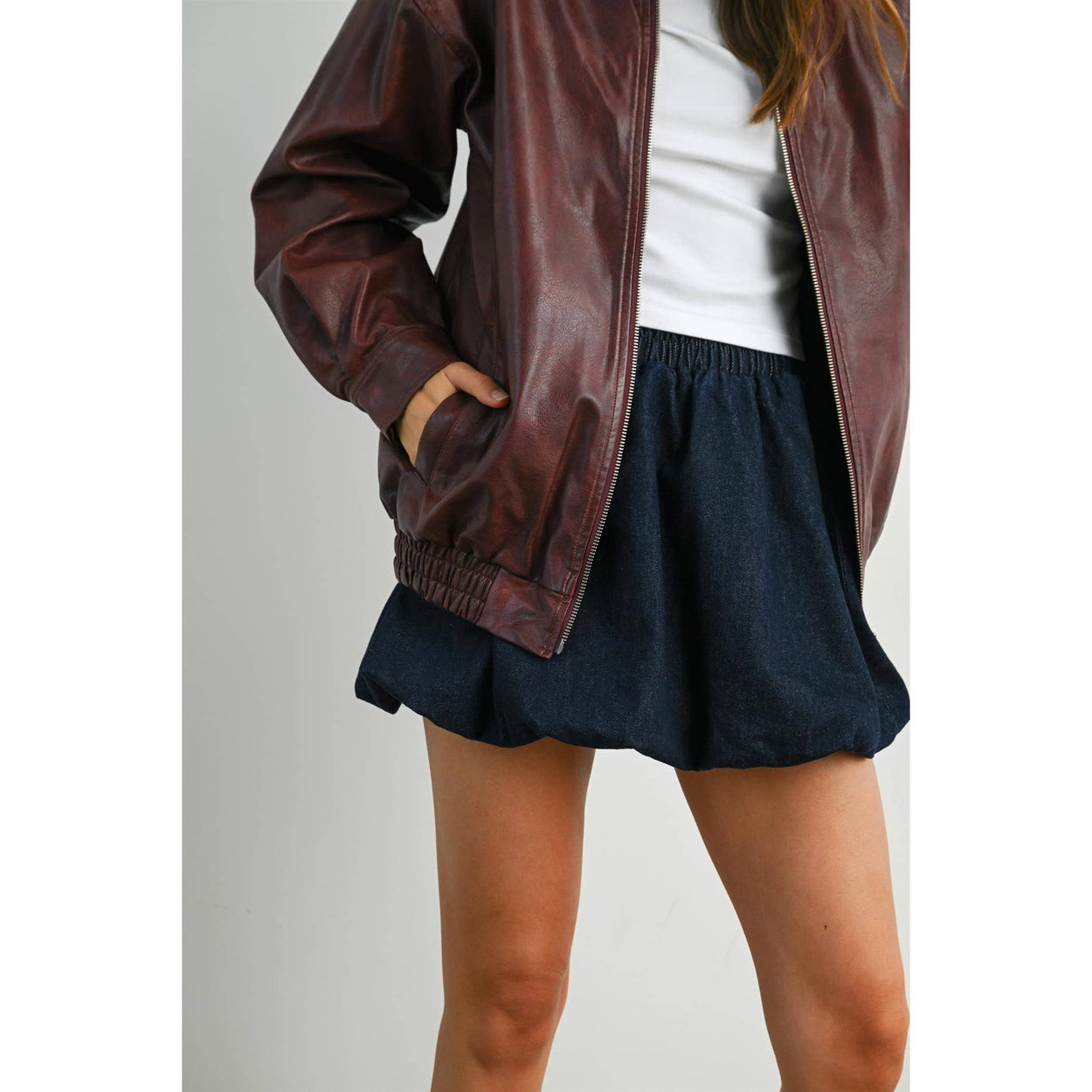 Wine Collared Zip-Front Leather Jacket
