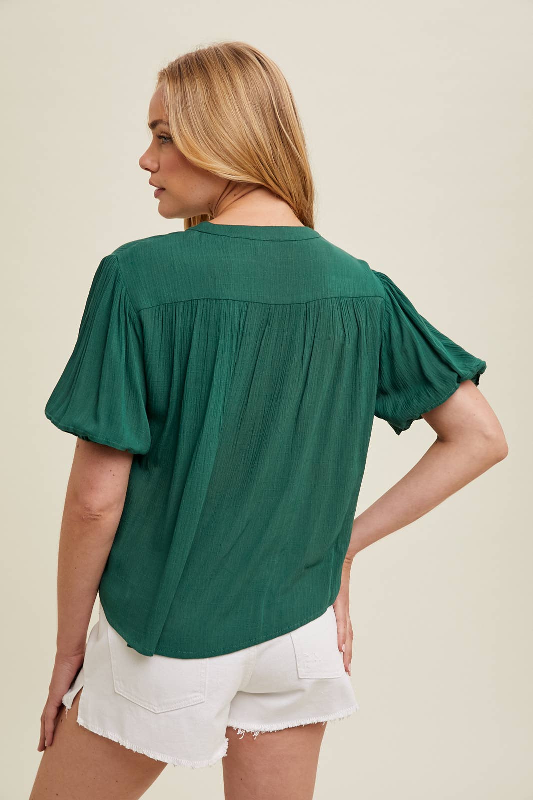 Green Balloon Sleeve Pleated Blouse