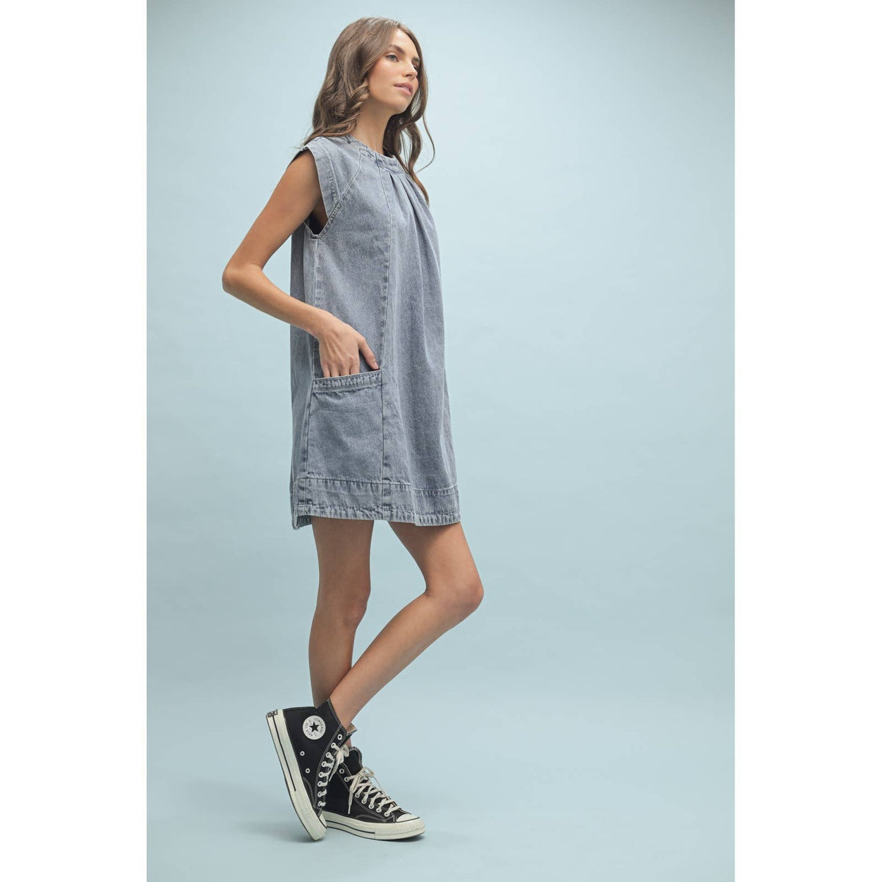 Denim Pleated Detail Mini Dress