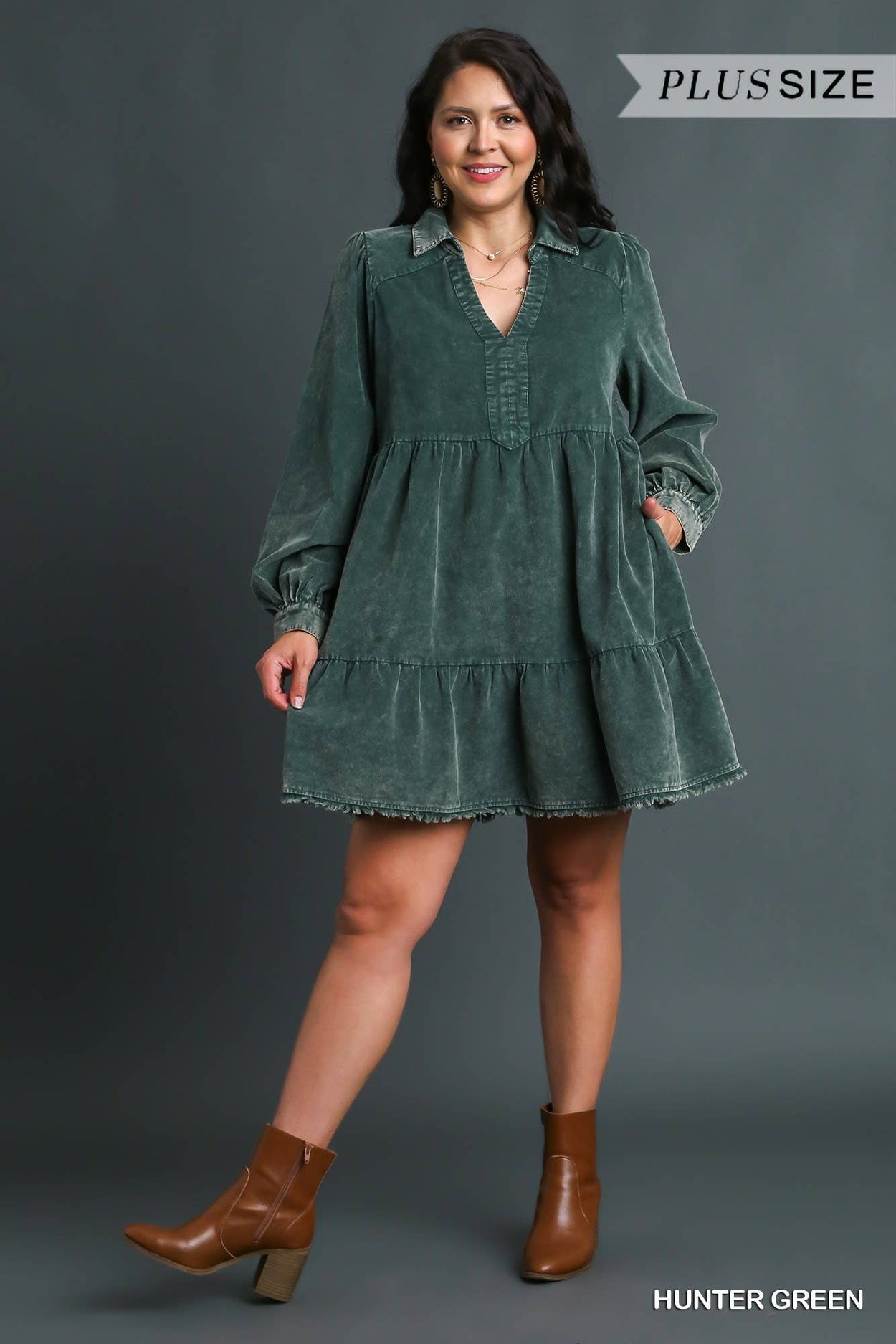 Plus Green Washed Corduroy Mini Dress