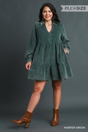 Plus Green Washed Corduroy Mini Dress