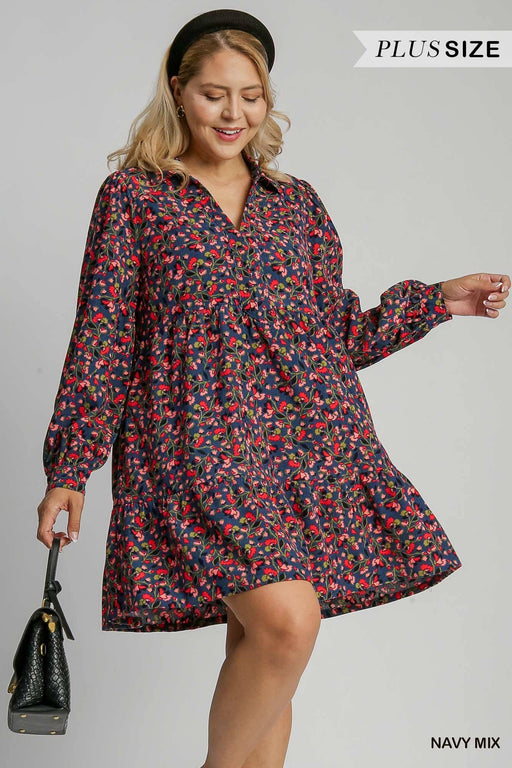 Plus Navy Mix Floral Print Collared Dress