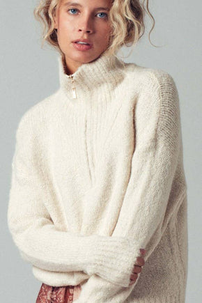 Ivory Textured Quarter-Zip Fold Collar Sweater