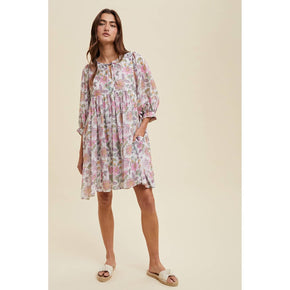Cream & Pink Floral Balloon Sleeve Mini Dress