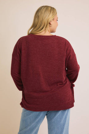 Plus Burgundy Long Sleeve Side Ribbon Tie Top