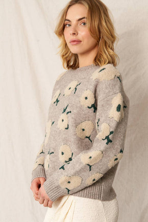 Grey & Green Flower Cloud Pullover Sweater