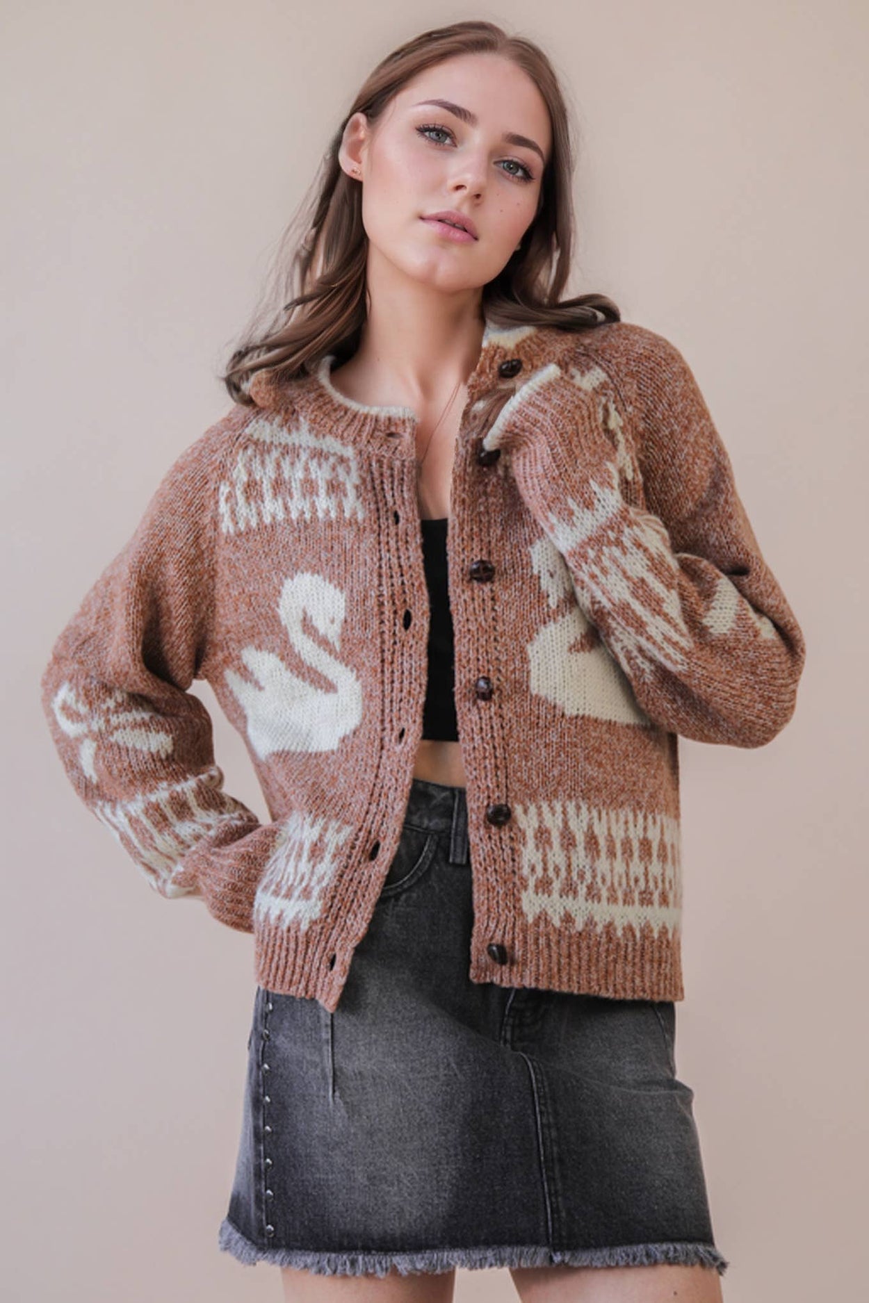 Mocha Oversized Graphic Casual Knit Sweater