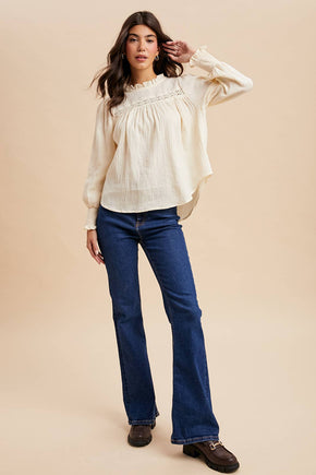 Buttercream Ruffled Gauze Blouse With Lace Insets