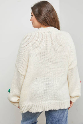 Plus Cream Knit Sweater With Flower Detail