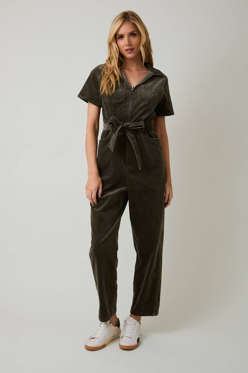 Olive Half Sleeve Sip Up Utility Jumpsuit