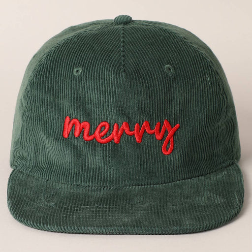 "Merry" Embroidered Green Corduroy Cap