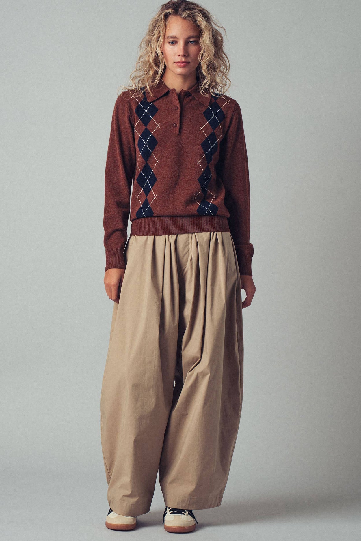 Brown Classic Argyle Knit Polo Sweater