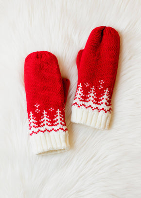 Red & White Tree Pattern Knit Mittens