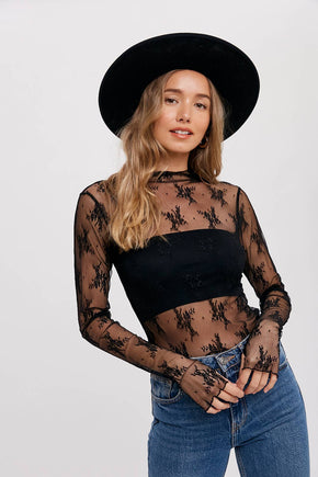 Black Floral Embroidery Lace Mesh Layering Top