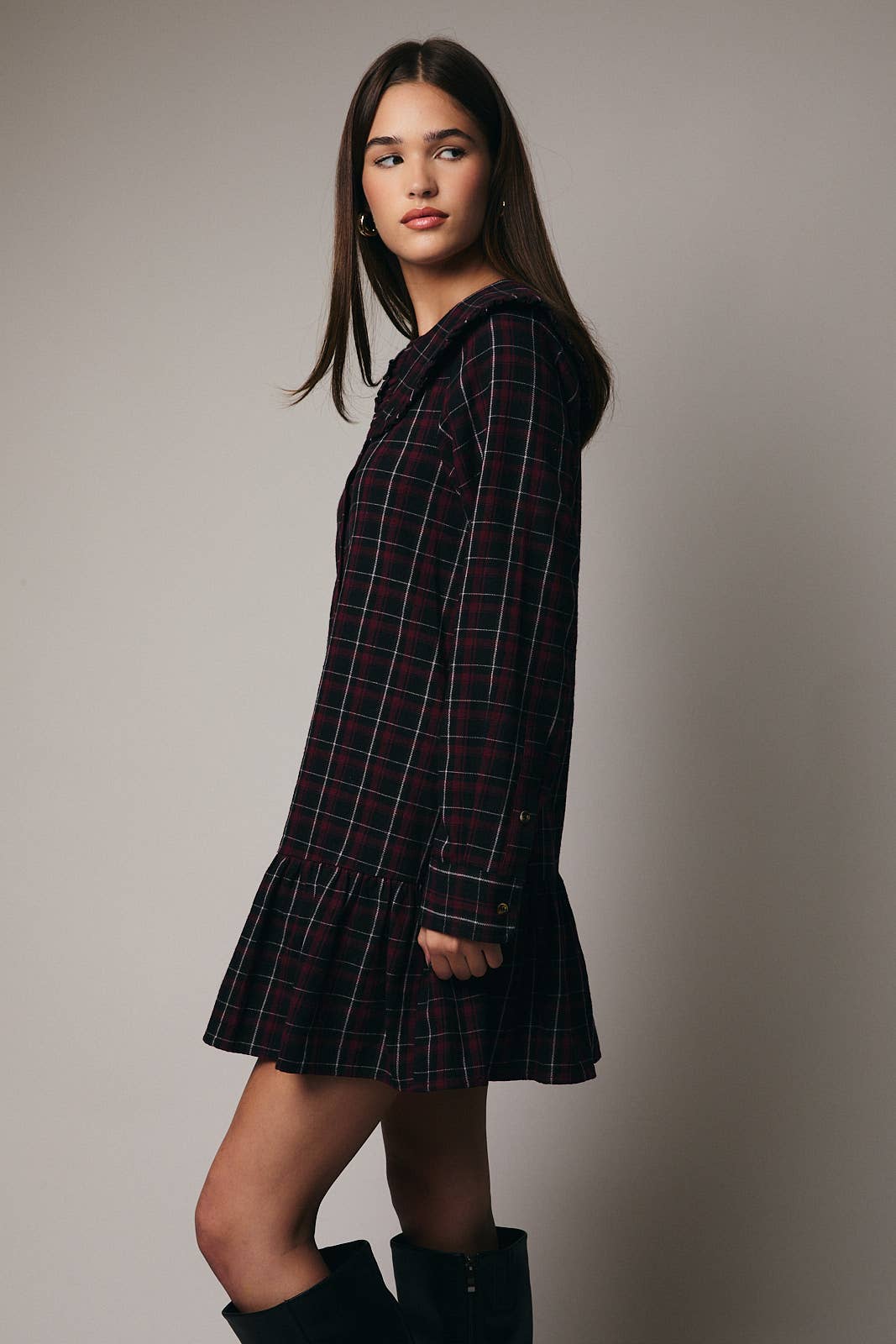 Black Burgundy Plaid Long Sleeve Shirt Mini Dress