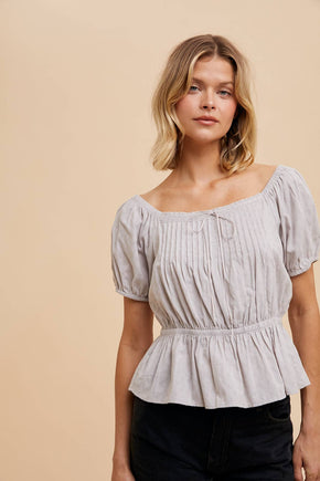 Stonewash Pin Tuck Peplum Peasant Blouse