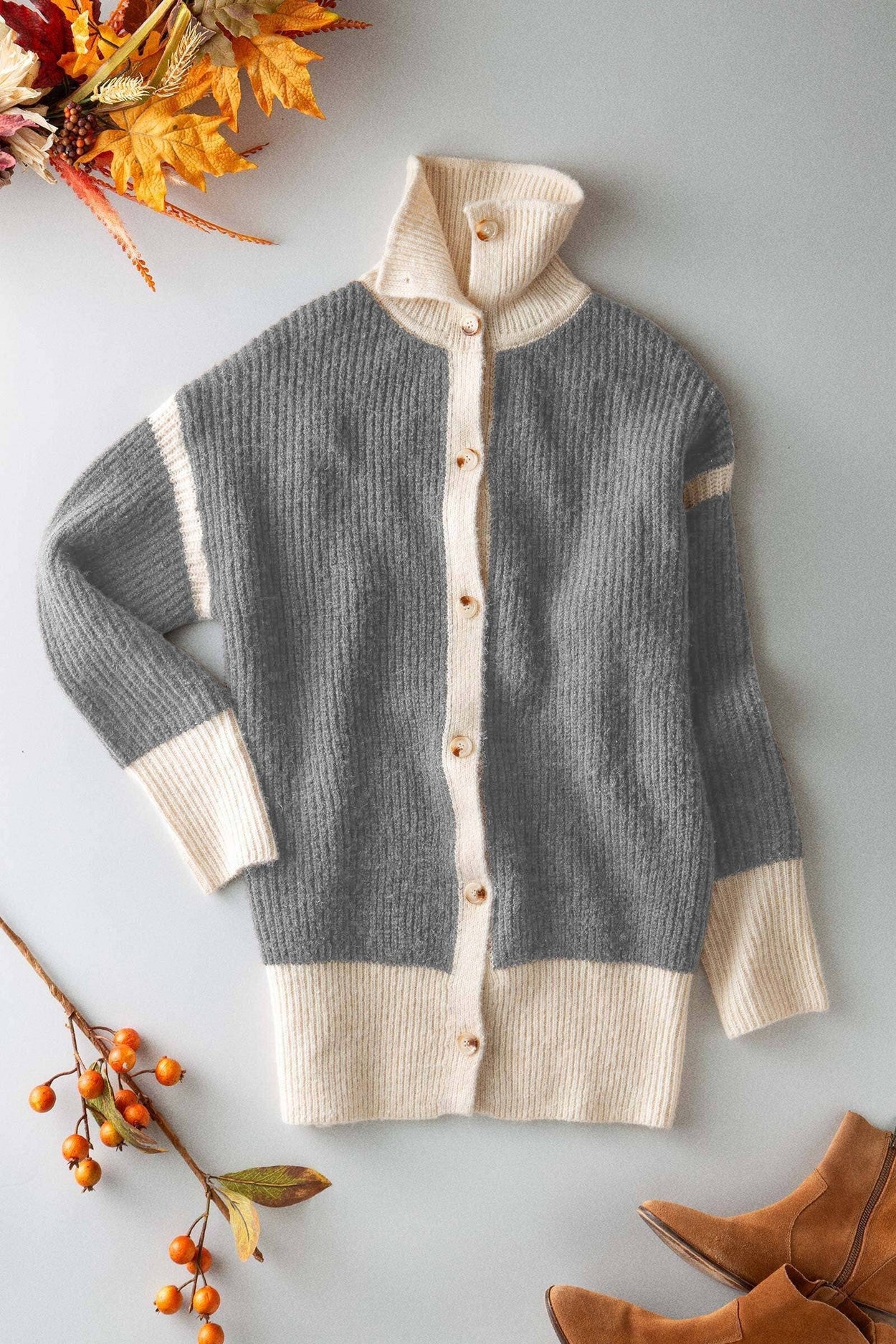 Grey Contrast Trim Collared Sweater Cardigan