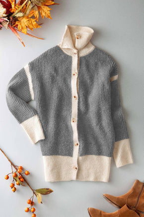 Grey Contrast Trim Collared Sweater Cardigan