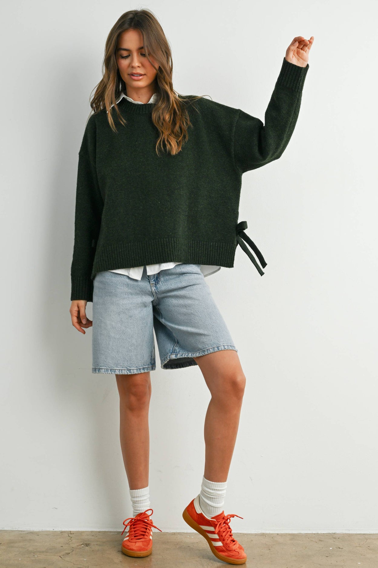 Olive Tie Split-Hem Crewneck Long Sleeve Top
