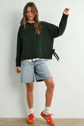 Olive Tie Split-Hem Crewneck Long Sleeve Top