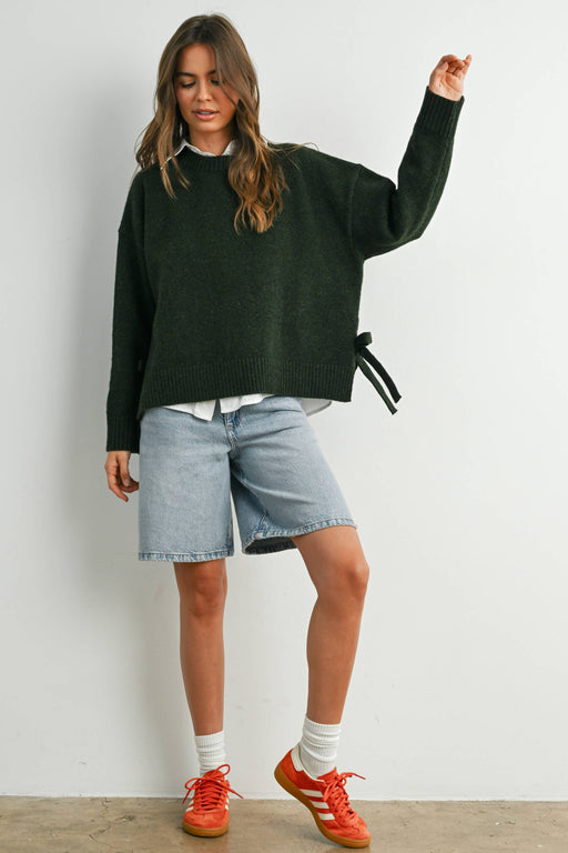 Olive Tie Split-Hem Crewneck Long Sleeve Top