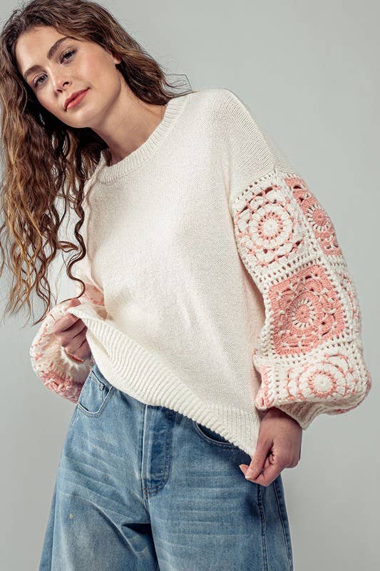 Ivory Quilt Blocked Sleeve Crewneck Sweater