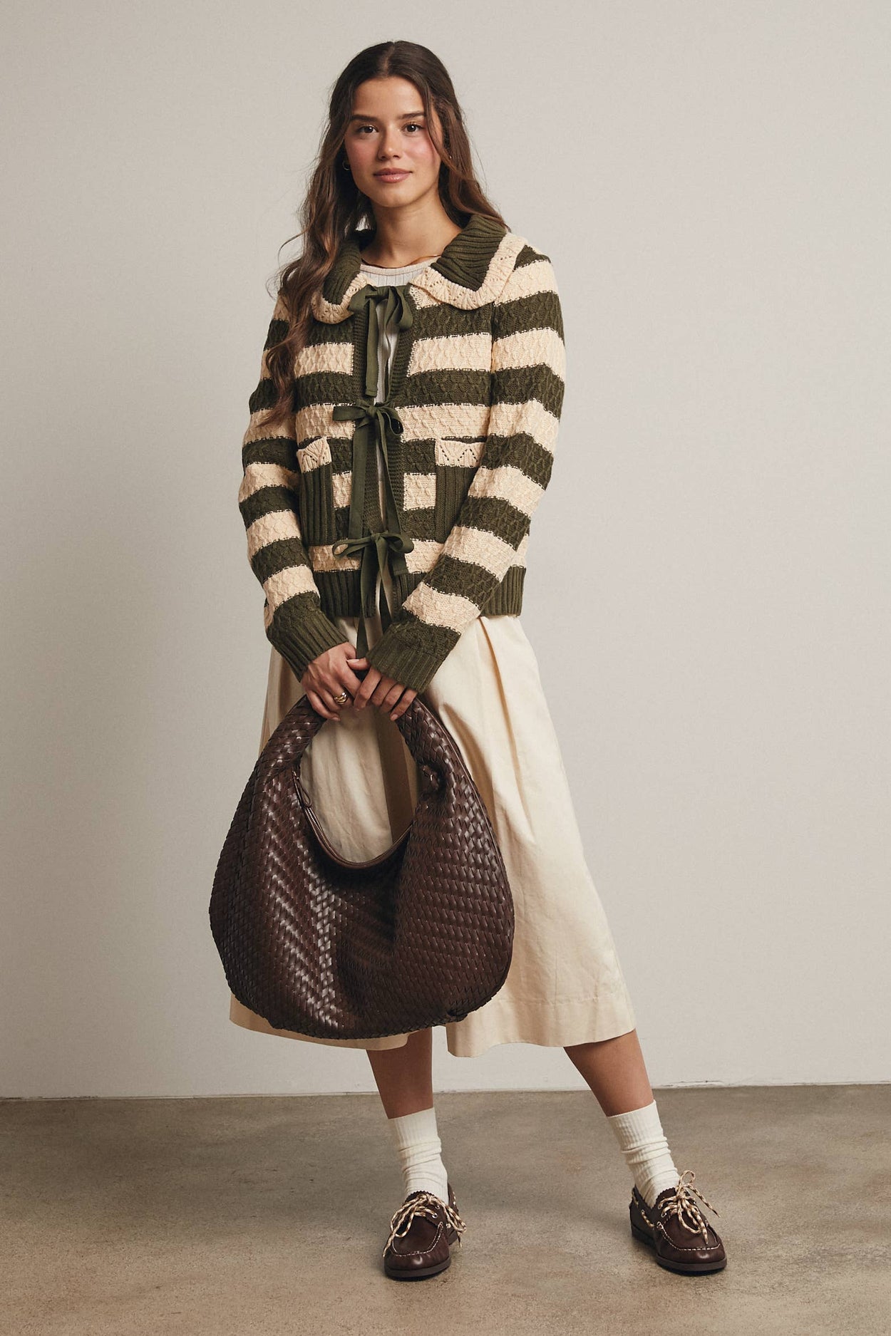Dark Olive Striped Knit Peter Pan Collar Cardigan