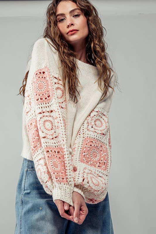 Ivory Quilt Blocked Sleeve Crewneck Sweater