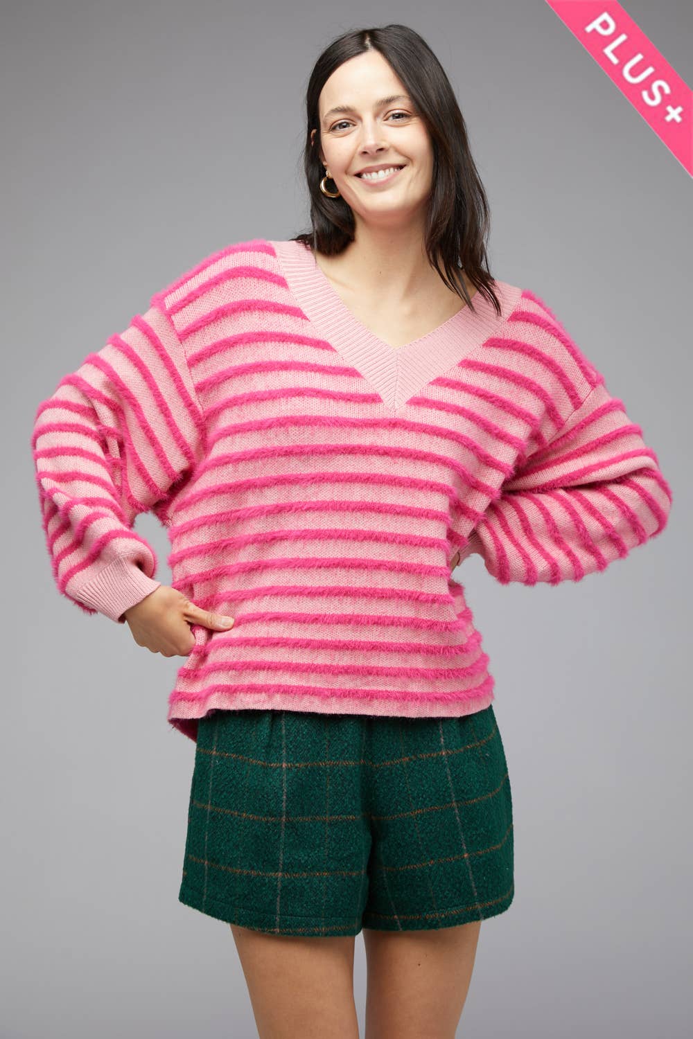 Plus Magenta Fuzzy Stripe V-Neck Knit Top