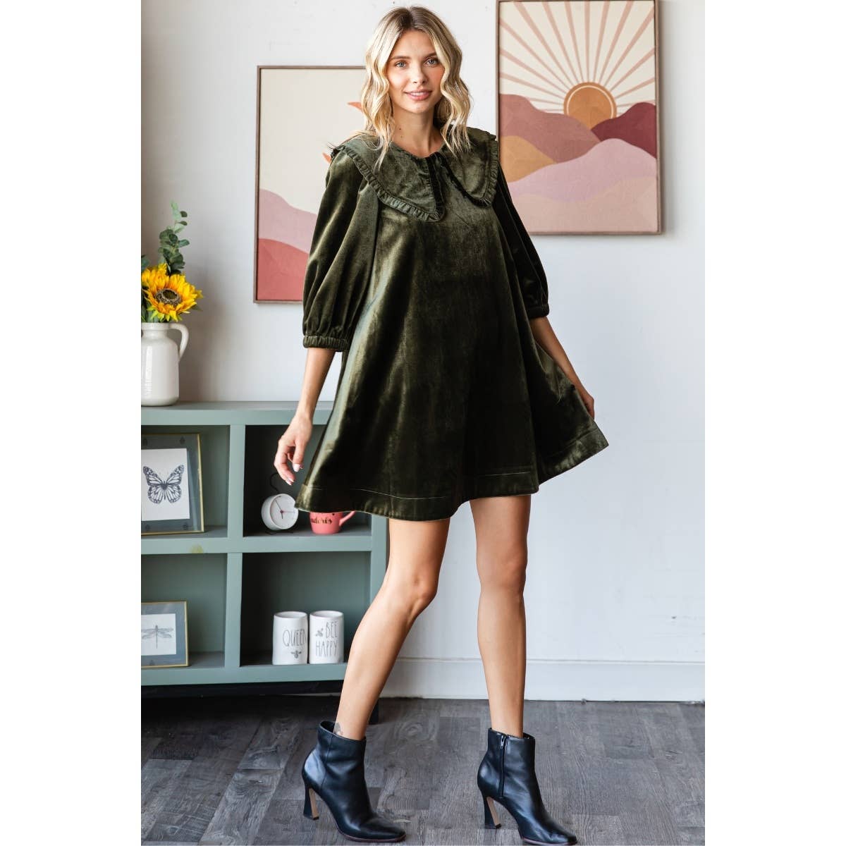 Olive Velvet Puff Sleeve Peter Pan Collar Short Dress