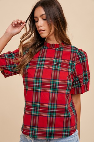 Red Plaid Ruffle Mock Neck Bubble Sleeve Blouse