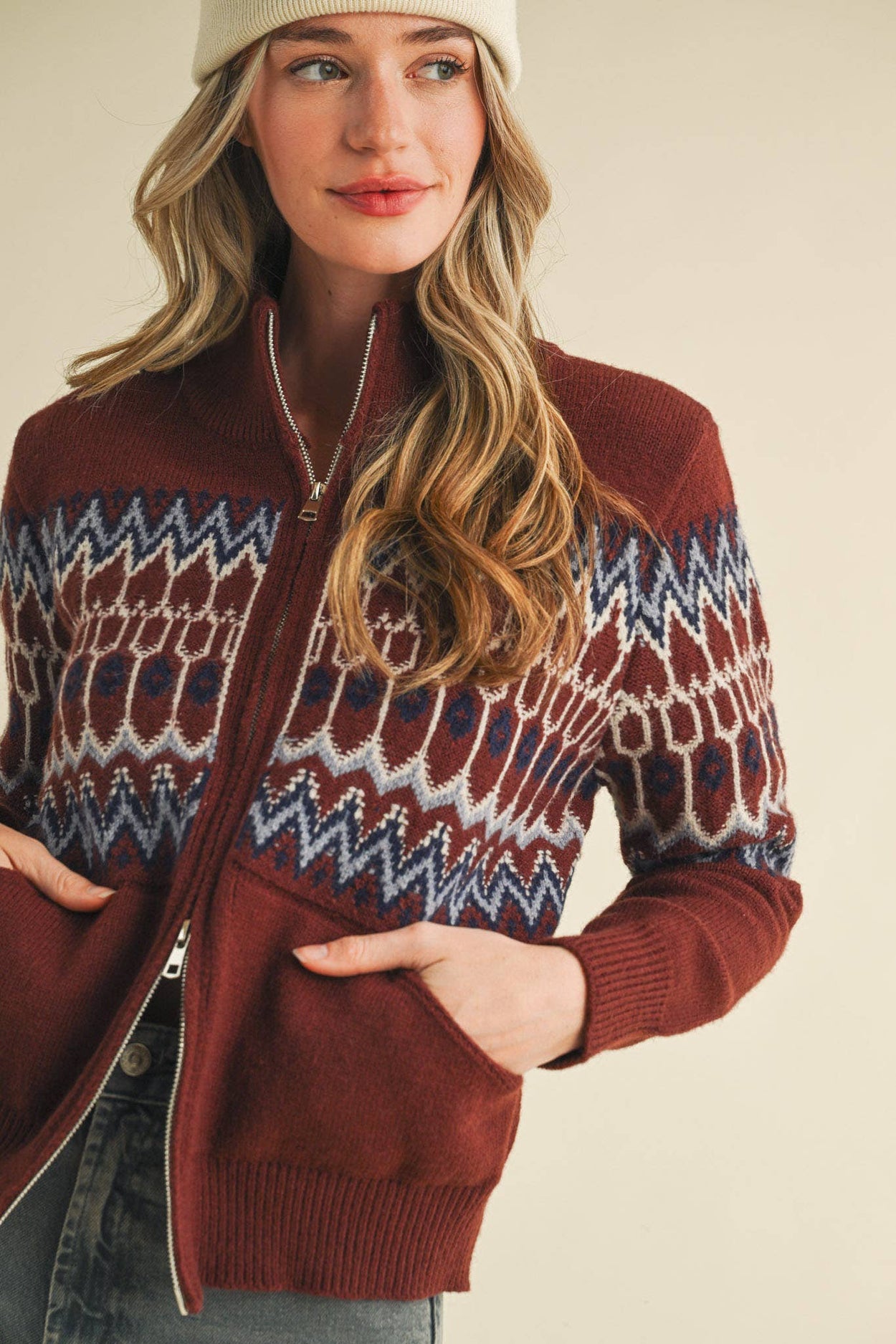 Cocoa Brown Fair Isle Zip Up Sweater