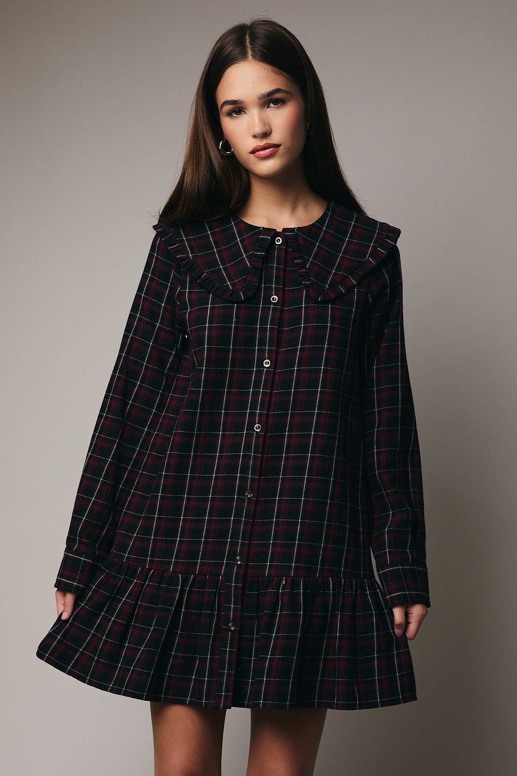 Black Burgundy Plaid Long Sleeve Shirt Mini Dress