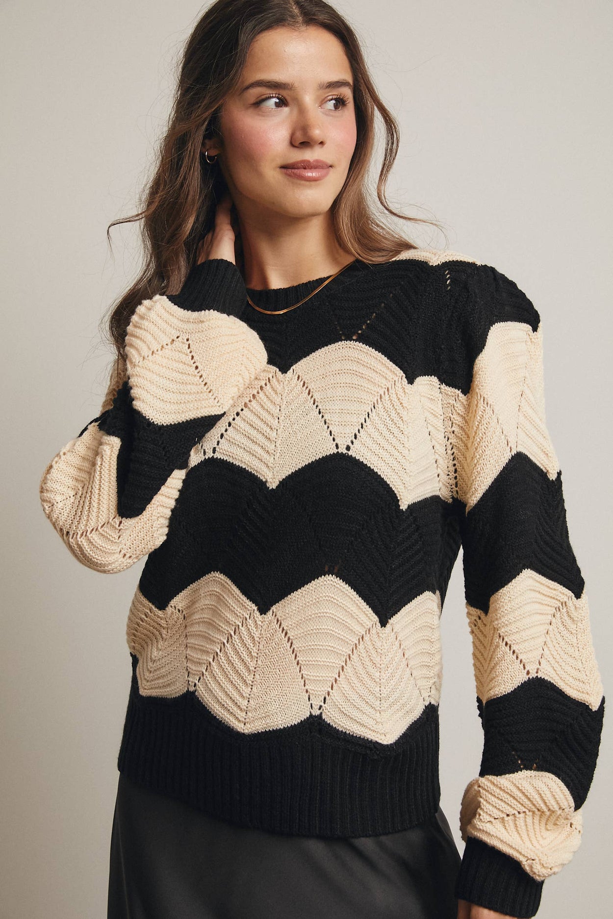 Black Wave Knit Chevron Pullover