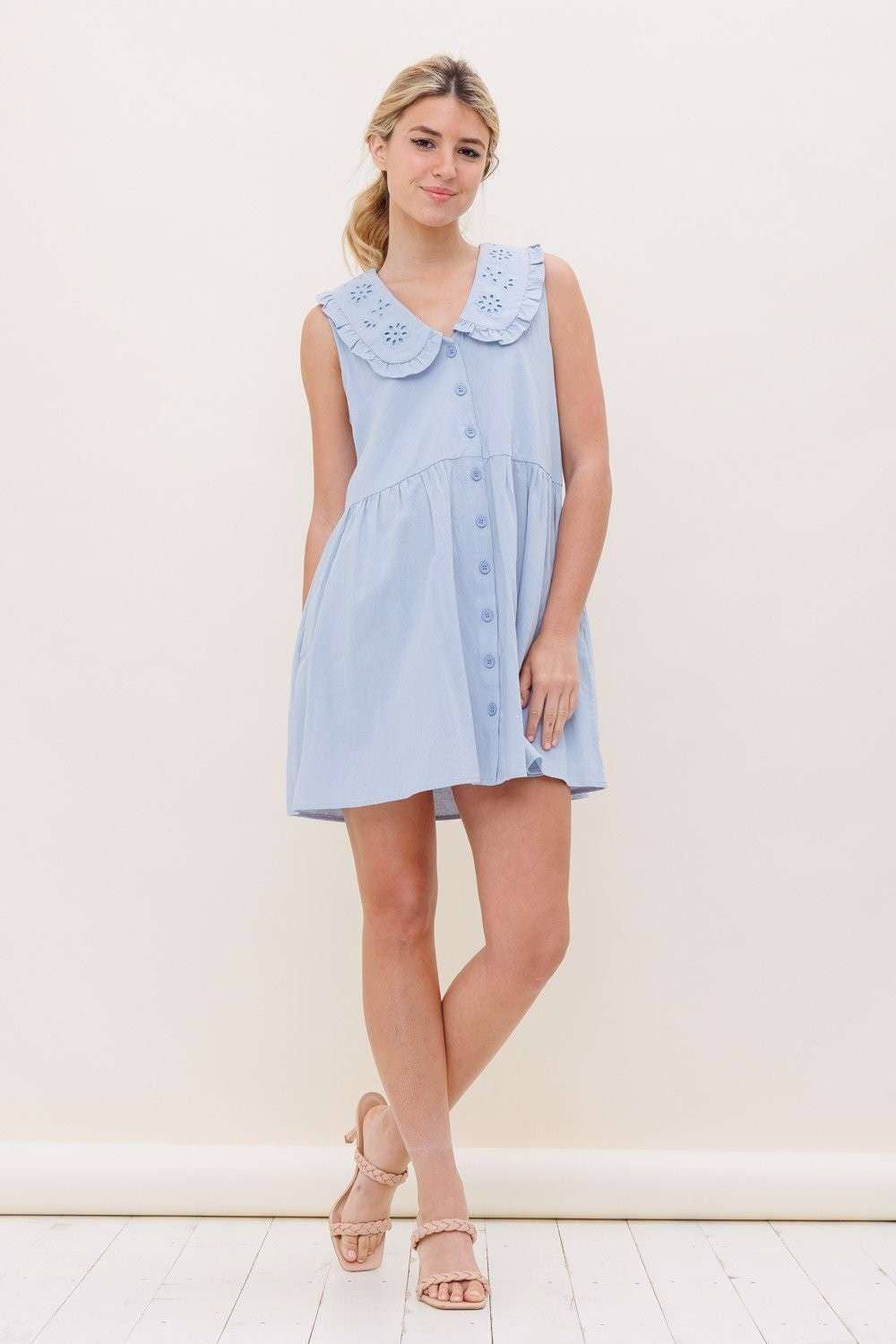 Blue Mini Dress With Buttons & Pockets