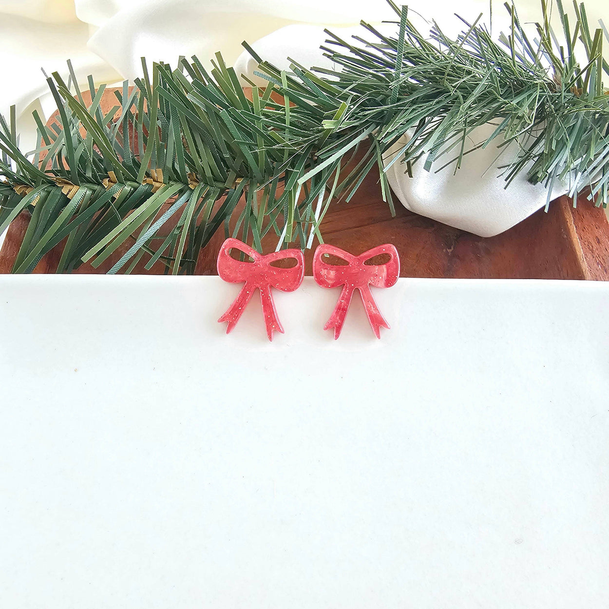 Red Shimmer Bow Studs
