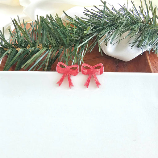 Red Shimmer Bow Studs