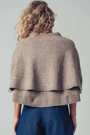 Mocha Wool Blend Button-Front Sweater Cape