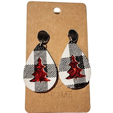 Handmade Black, White & Red Christmas Tree Teardrop Earrings
