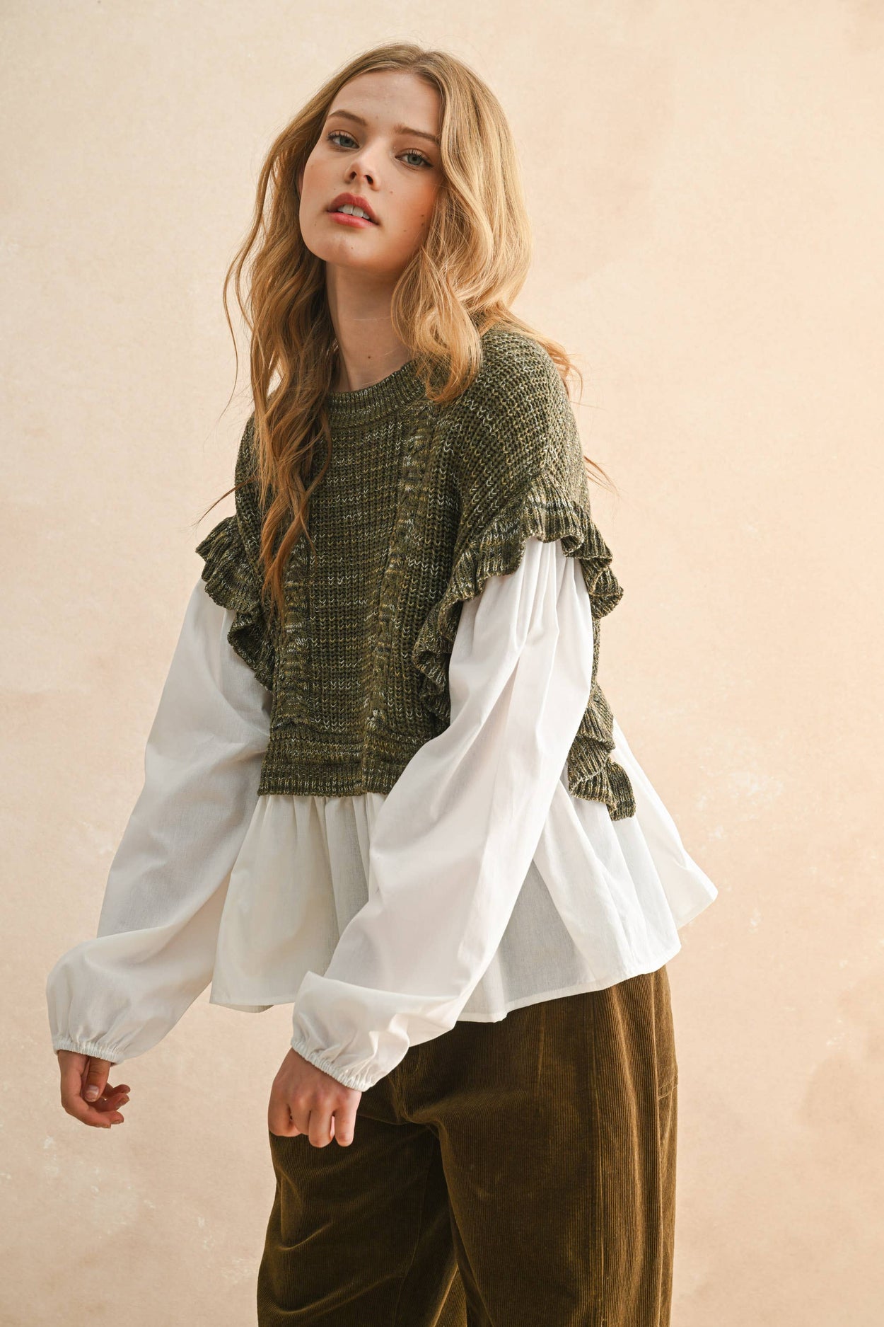 Olive Sweater Combo Long Sleeve Blouse