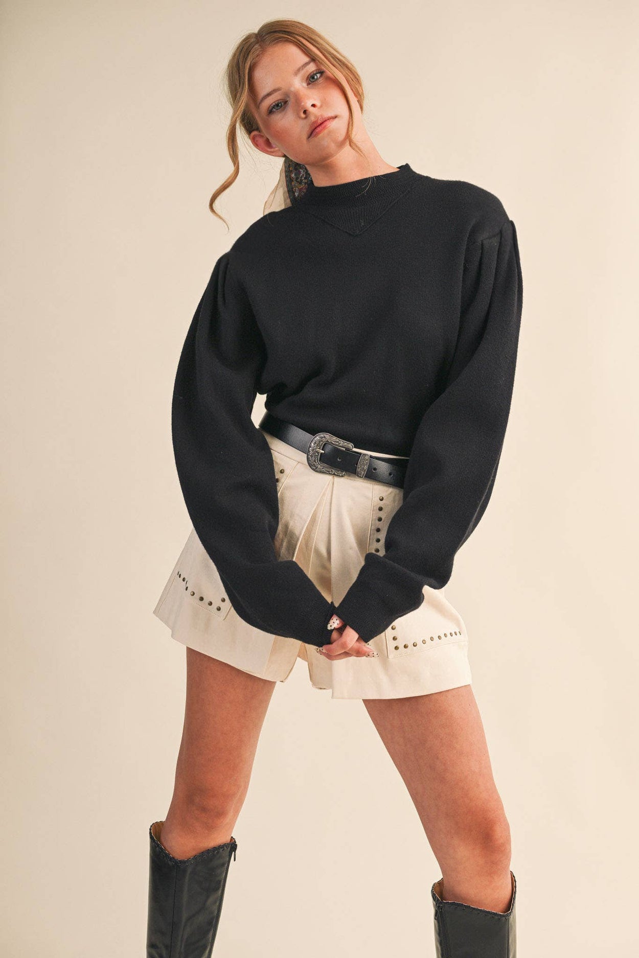 Black Mock Neck Puff Sleeve Sweater