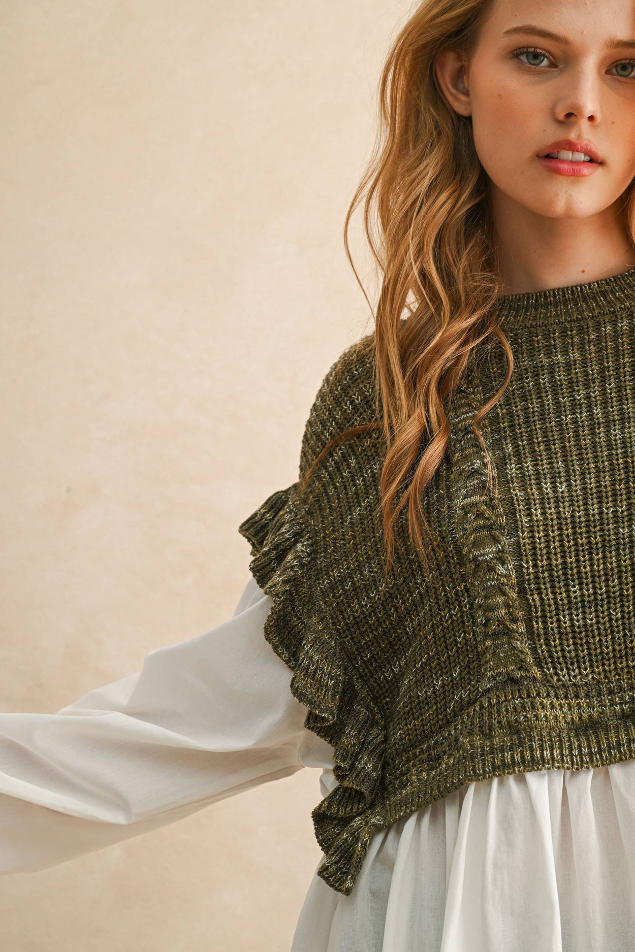 Olive Sweater Combo Long Sleeve Blouse