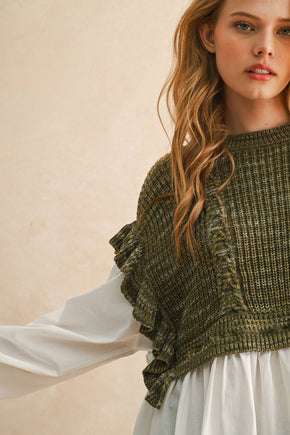 Olive Sweater Combo Long Sleeve Blouse